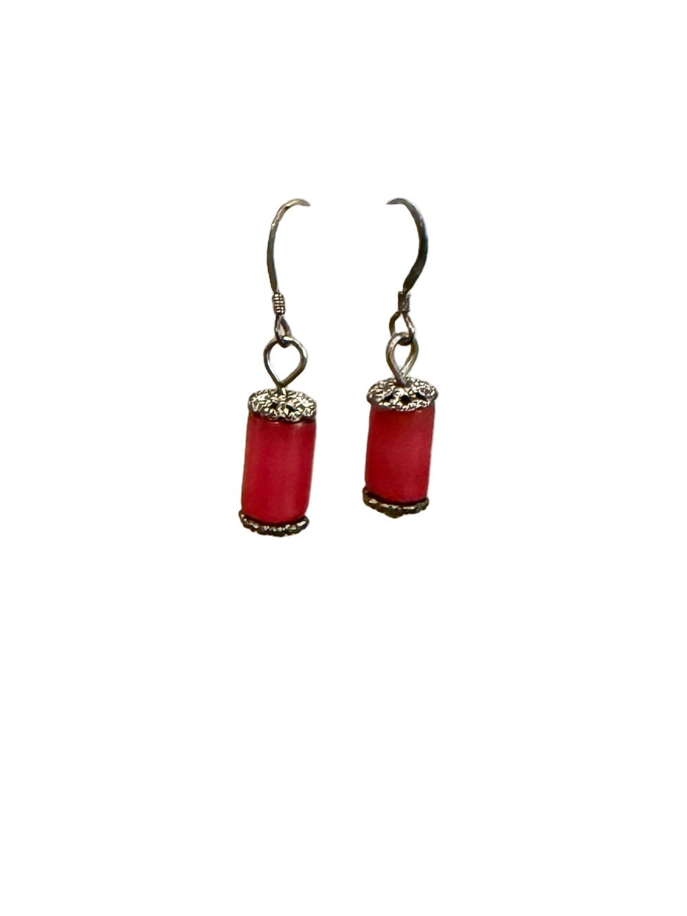 Pink Cylinder Drop Earrings Silver Accents